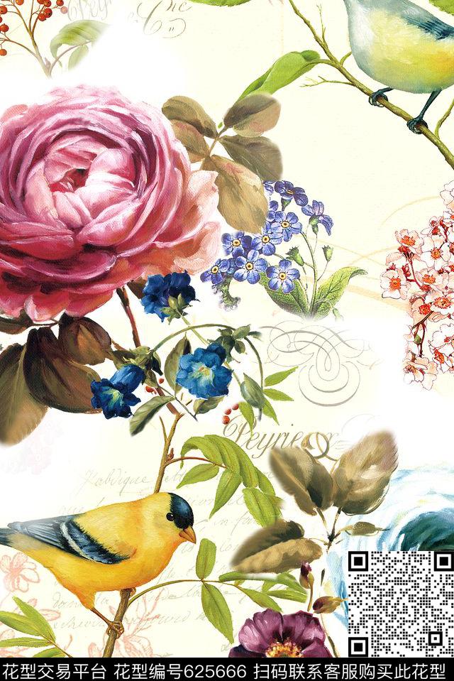面料花复古手绘花卉手绘花数码印花华亿平台下载（图片编号: 625666） - 瓦栏（Walan）