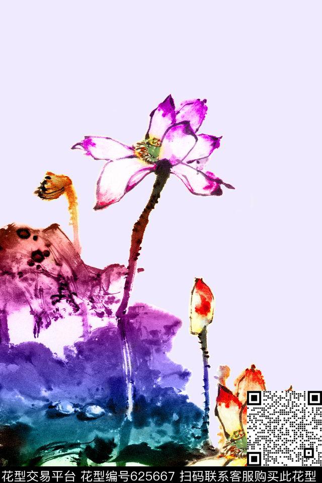 中国风定位花荷花花朵数码印花华亿平台下载（图片编号: 625667） - 瓦栏（Walan）