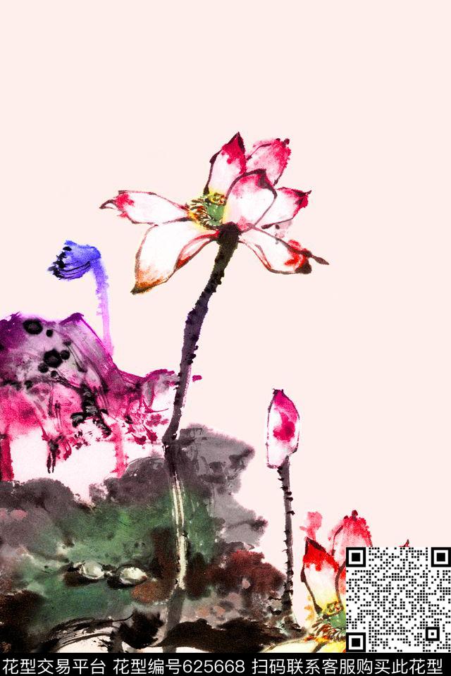 中国风定位花荷花花朵数码印花华亿平台下载（图片编号: 625668） - 瓦栏（Walan）