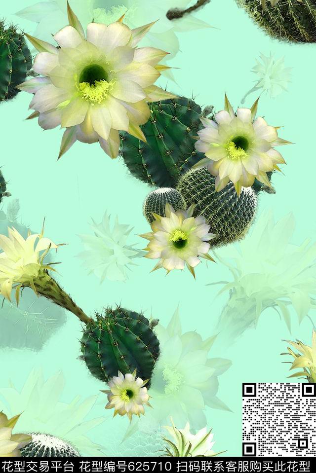 仙人掌绿色花卉数码印花华亿平台下载（图片编号: 625710） - 瓦栏（Walan）