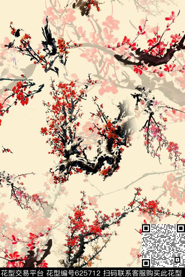 梅花红色中国风传统印花华亿平台下载（图片编号: 625712） - 瓦栏（Walan）