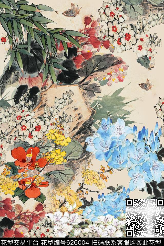 中国风花朵花卉数码印花华亿平台下载（图片编号: 626004） - 瓦栏（Walan）