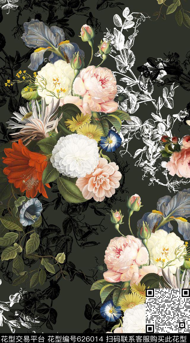 花卉油画线描数码印花华亿平台下载（图片编号: 626014） - 瓦栏（Walan）