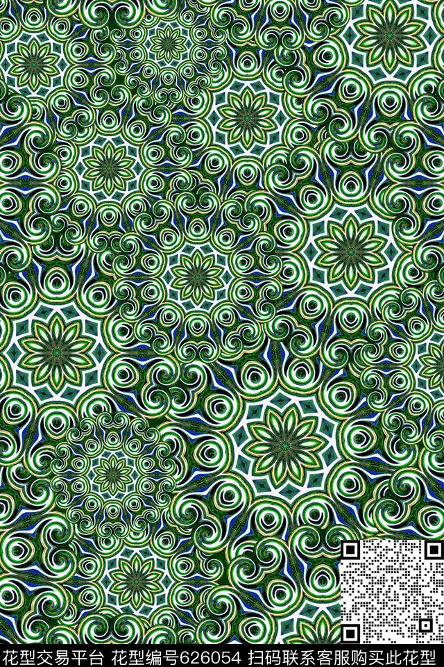 卷草纹民族风绿色传统印花华亿平台下载（图片编号: 626054） - 瓦栏（Walan）