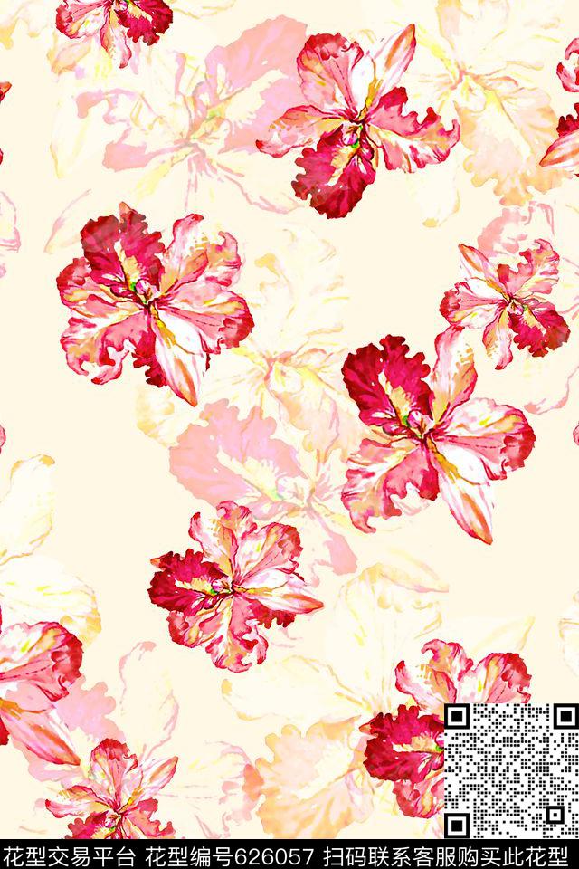 手绘水彩花朵数码印花华亿平台下载（图片编号: 626057） - 瓦栏（Walan）