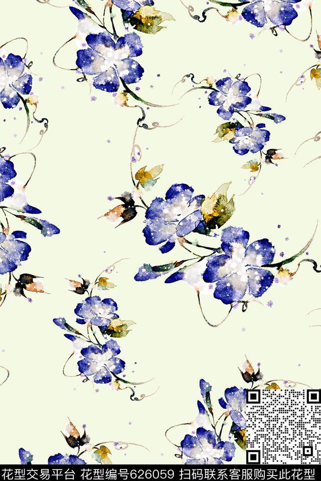 花卉手绘水彩数码印花华亿平台下载（图片编号: 626059） - 瓦栏（Walan）