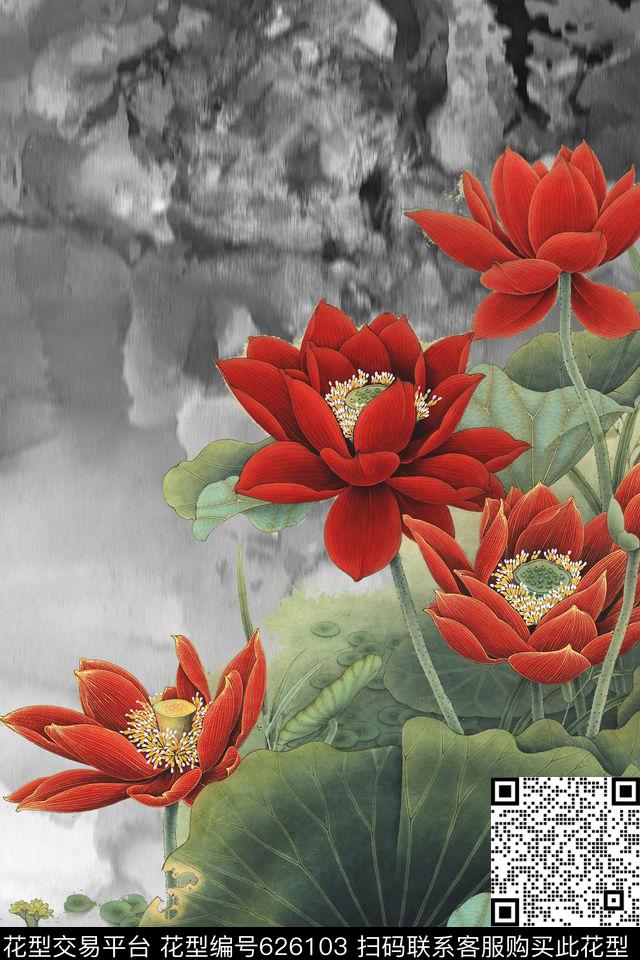 大花花朵荷花数码印花华亿平台下载（图片编号: 626103） - 瓦栏（Walan）