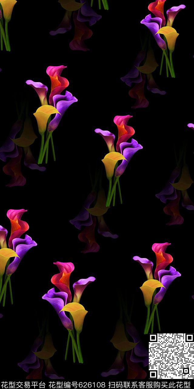 时尚黑底数码女装时尚花卉马蹄莲数码印花华亿平台下载（图片编号: 626108） - 瓦栏（Walan）