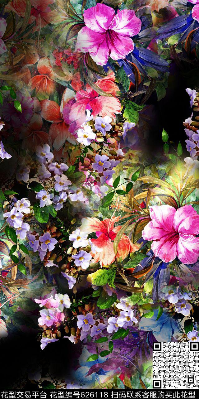 手绘花卉数码抽象数码印花华亿平台下载（图片编号: 626118） - 瓦栏（Walan）