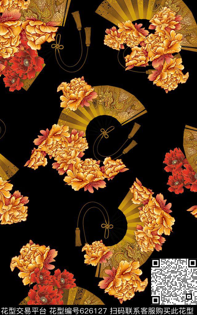 中国风牡丹花时尚传统印花华亿平台下载（图片编号: 626127） - 瓦栏（Walan）
