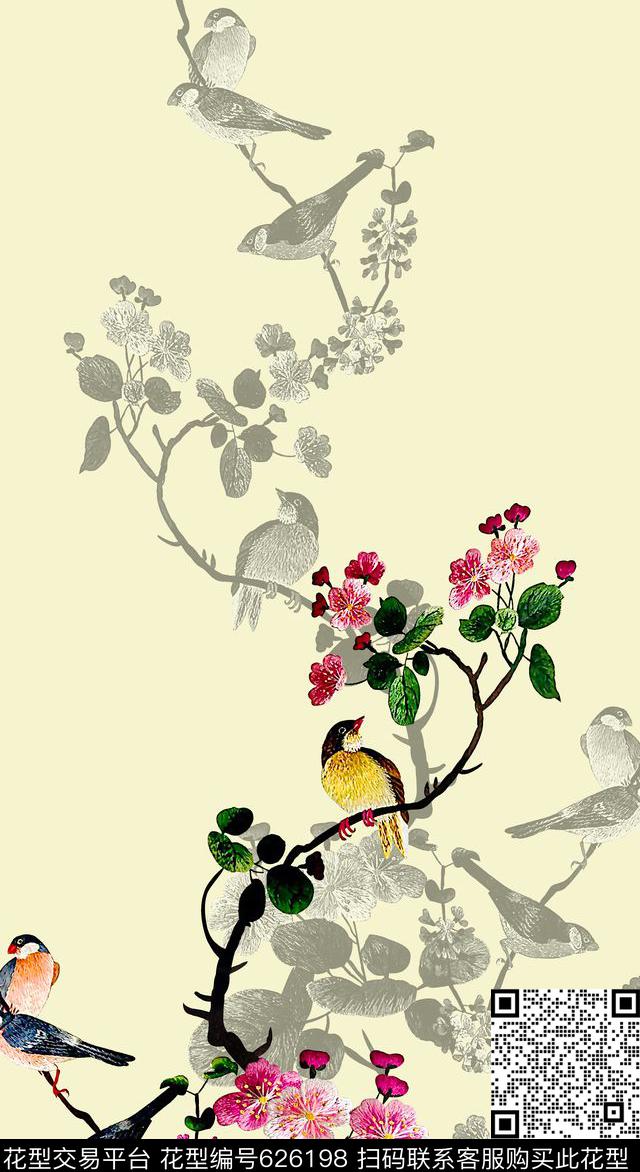 抽象手绘满版中国风最新高清数码花鸟刺绣数码印花华亿平台下载（图片编号: 626198） - 瓦栏（Walan）