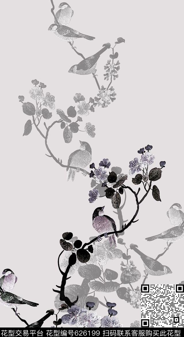 抽象手绘满版中国风最新高清数码花鸟刺绣数码印花华亿平台下载（图片编号: 626199） - 瓦栏（Walan）