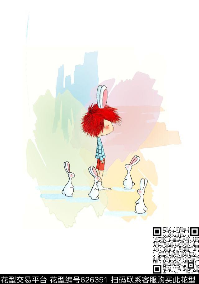 2017年春夏女装T恤胸贴华亿平台设计手绘可爱小兔人像胸贴华亿平台水彩色块；传统印花华亿平台下载（图片编号: 626351） - 瓦栏（Walan）