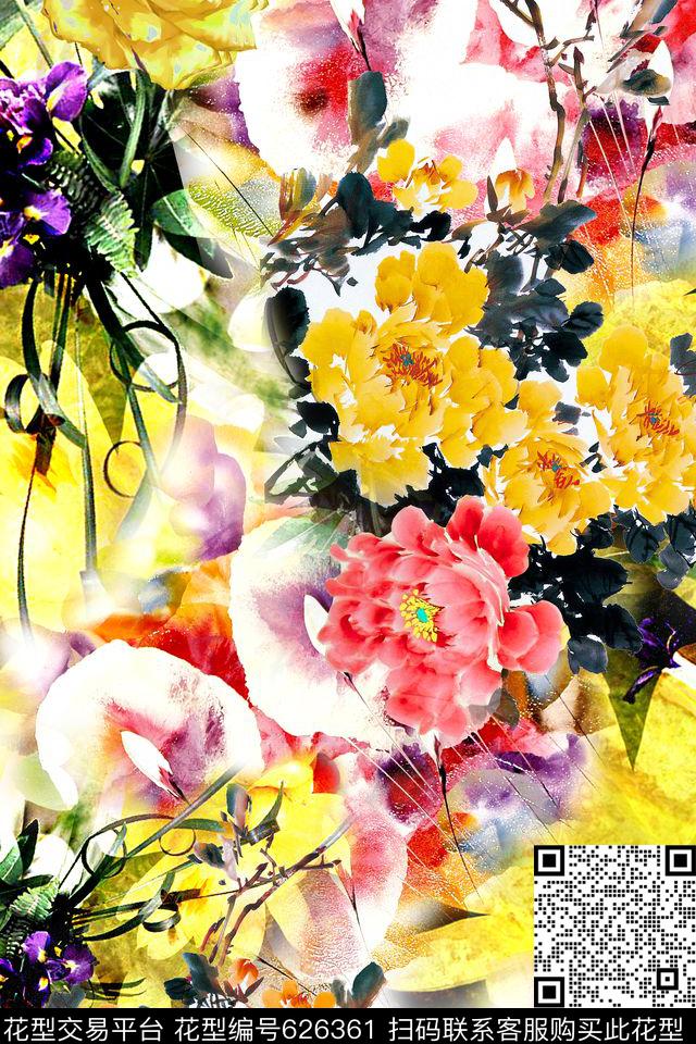 水彩水墨牡丹数码印花华亿平台下载（图片编号: 626361） - 瓦栏（Walan）