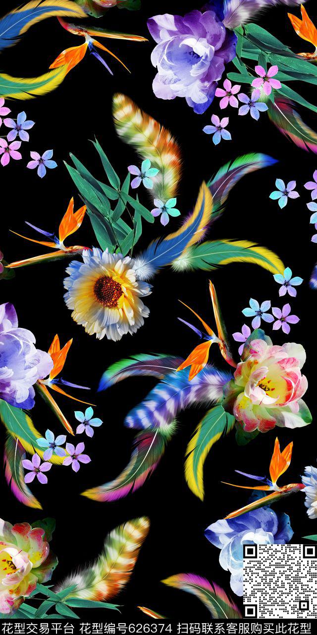 时尚数码女装花卉炫彩羽毛数码印花华亿平台下载（图片编号: 626374） - 瓦栏（Walan）