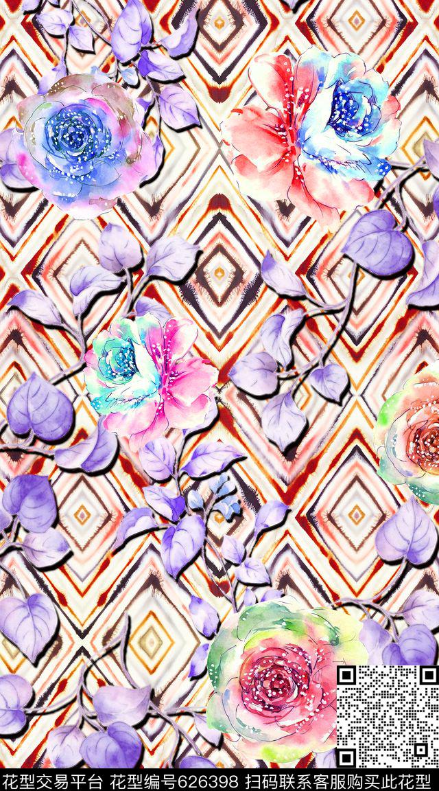 水彩花卉创意数码印花华亿平台下载（图片编号: 626398） - 瓦栏（Walan）