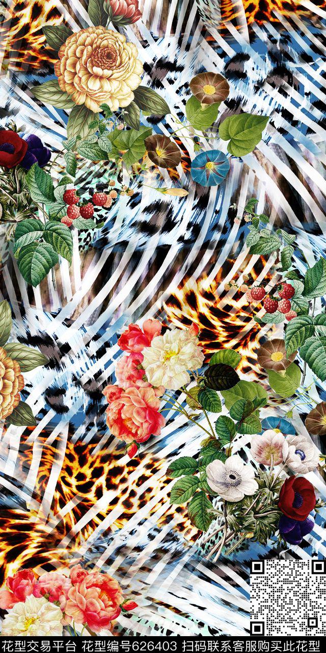 手绘花卉豹纹抽象数码印花华亿平台下载（图片编号: 626403） - 瓦栏（Walan）