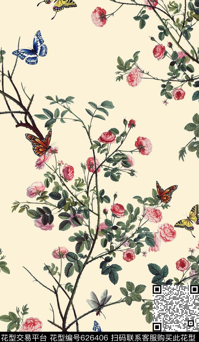 蝴蝶树枝数码数码印花华亿平台下载（图片编号: 626406） - 瓦栏（Walan）
