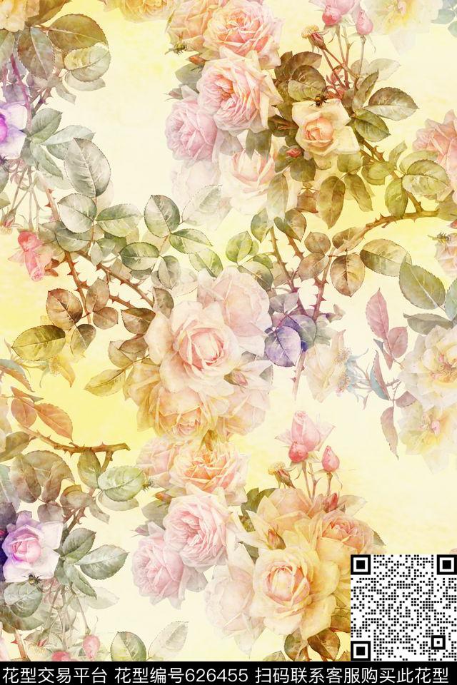 清新朦胧水彩花枝数码印花华亿平台下载（图片编号: 626455） - 瓦栏（Walan）