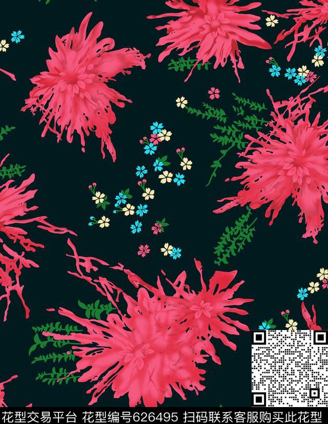 黑底碎花红花传统印花华亿平台下载（图片编号: 626495） - 瓦栏（Walan）