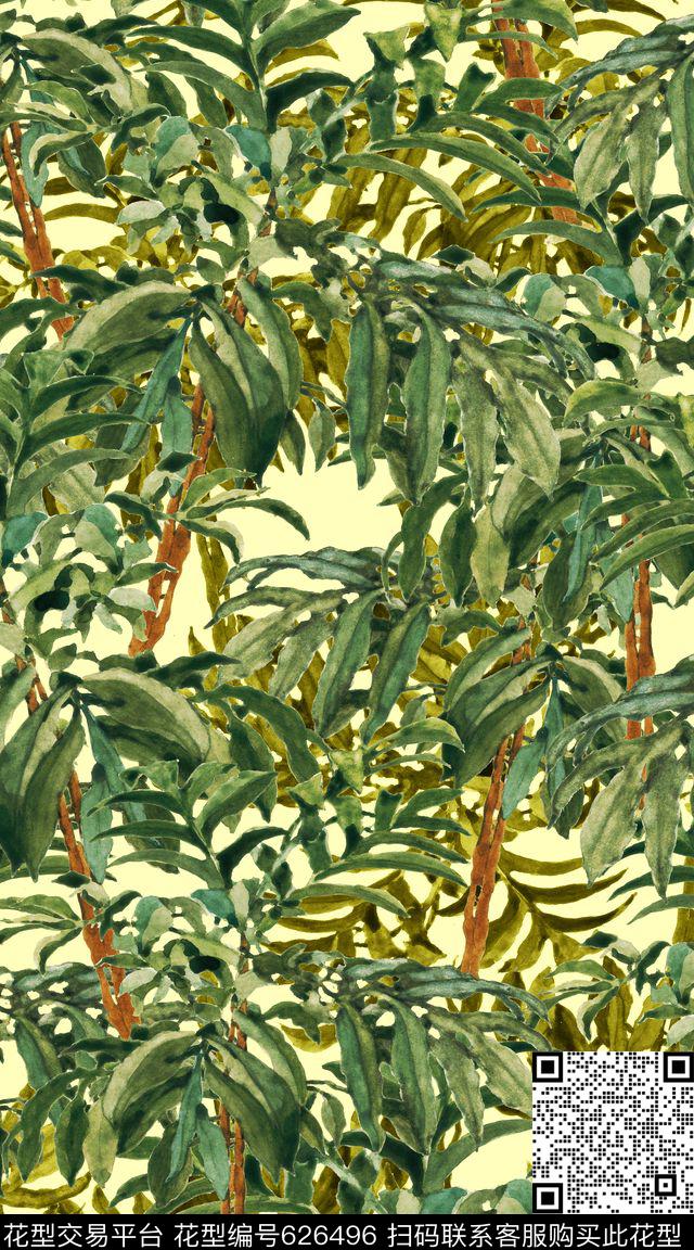 流行色棕榈叶热带数码印花华亿平台下载（图片编号: 626496） - 瓦栏（Walan）