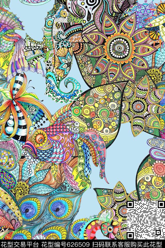 线描金鱼海马数码印花华亿平台下载（图片编号: 626509） - 瓦栏（Walan）