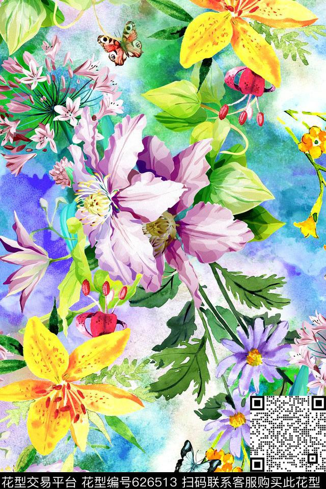 时尚手绘水彩数码印花华亿平台下载（图片编号: 626513） - 瓦栏（Walan）