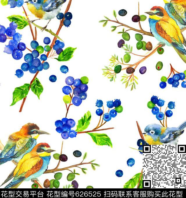 水彩花鸟果子数码印花华亿平台下载（图片编号: 626525） - 瓦栏（Walan）