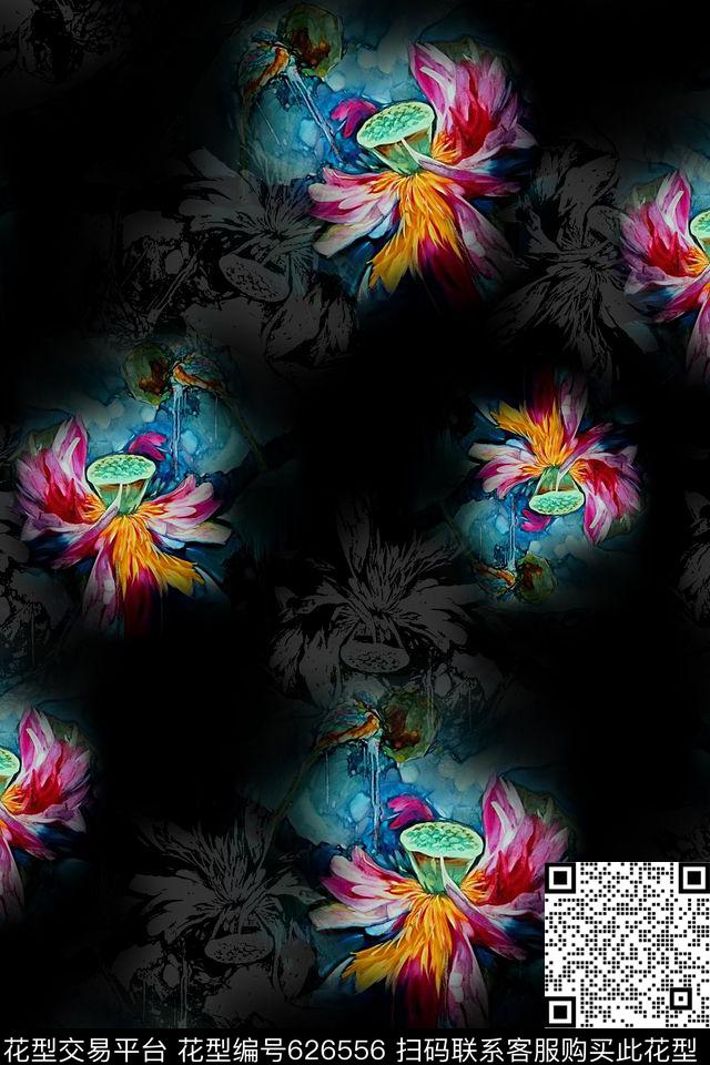 荷花花卉黑底数码印花华亿平台下载（图片编号: 626556） - 瓦栏（Walan）