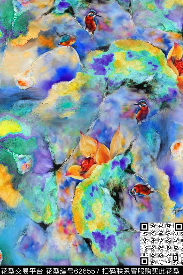 花鸟荷花彩绘数码印花华亿平台下载（图片编号: 626557） - 瓦栏（Walan）