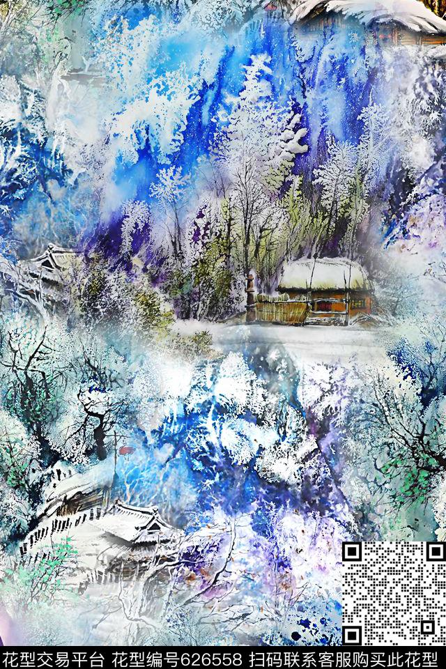 肌理水墨风景数码印花华亿平台下载（图片编号: 626558） - 瓦栏（Walan）