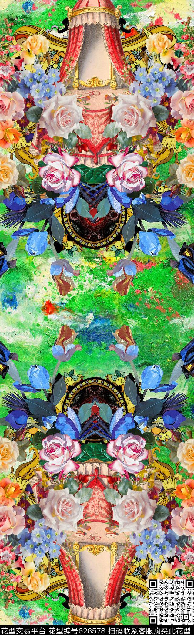 油画花卉宫殿欧式数码印花华亿平台下载（图片编号: 626578） - 瓦栏（Walan）