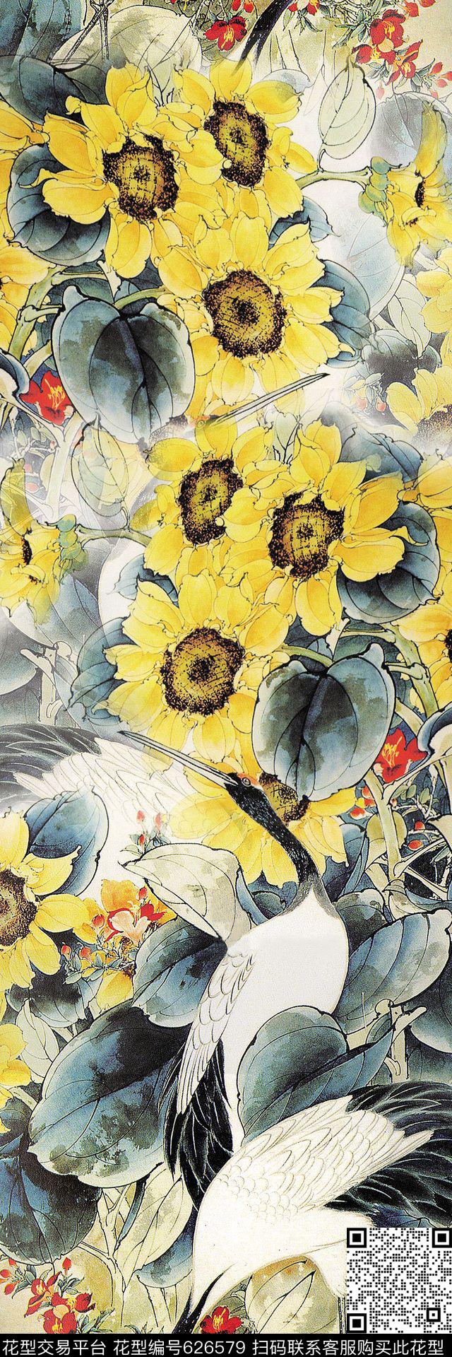 国画鹤向日葵数码印花华亿平台下载（图片编号: 626579） - 瓦栏（Walan）