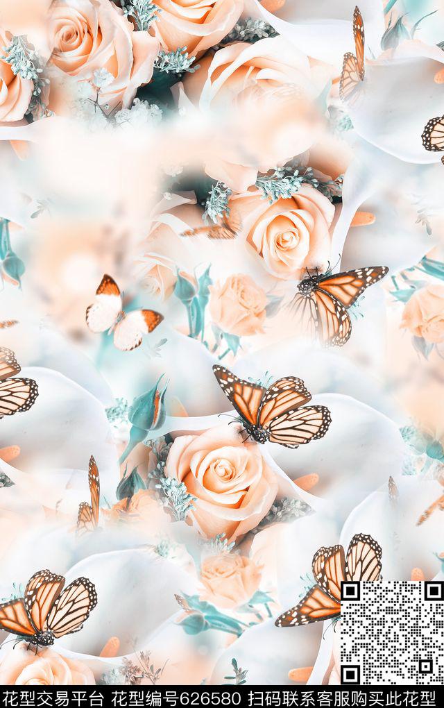 时尚潮流柔和系列女装裙子印花时尚大牌流行中国风数码印花时尚抽象玫瑰花蝴蝶花卉数码印花数码印花华亿平台下载（图片编号: 626580） - 瓦栏（Walan）