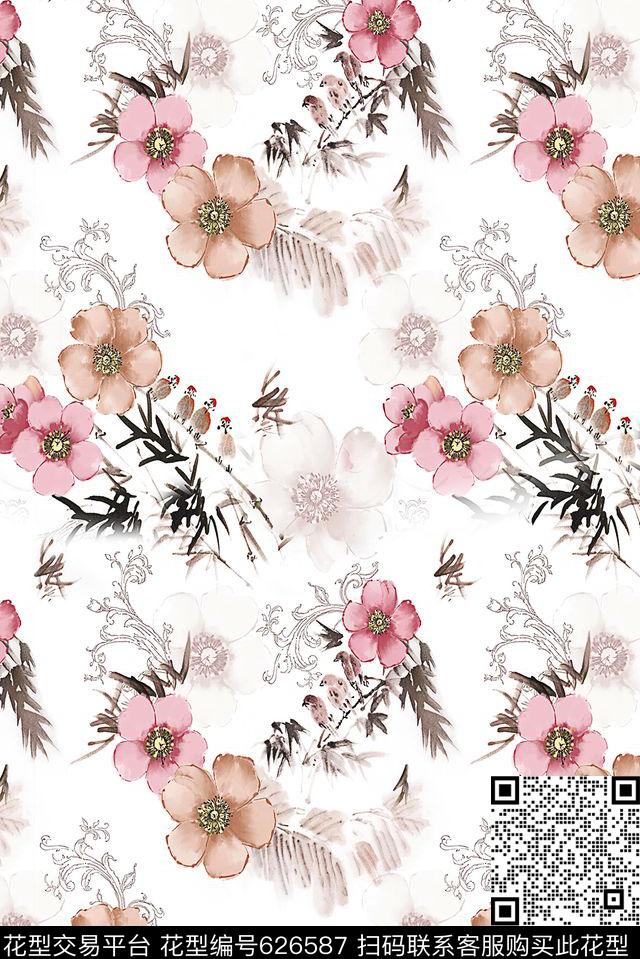 面料花水彩花卉中国风水墨花卉数码印花华亿平台下载（图片编号: 626587） - 瓦栏（Walan）