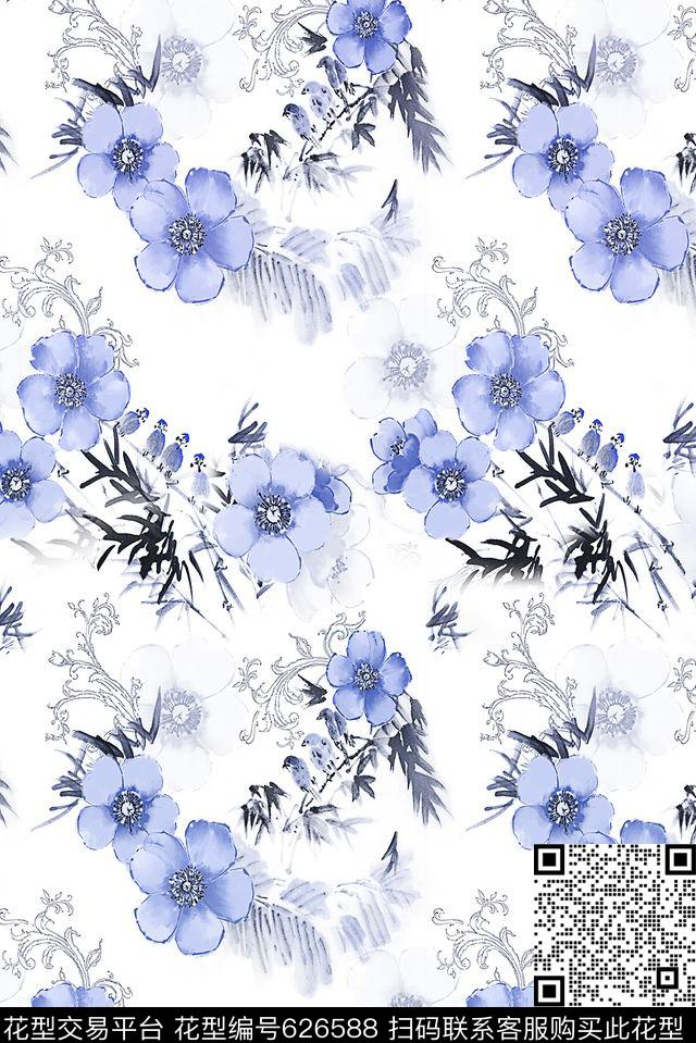 面料花水彩花卉中国风水墨花卉数码印花华亿平台下载（图片编号: 626588） - 瓦栏（Walan）