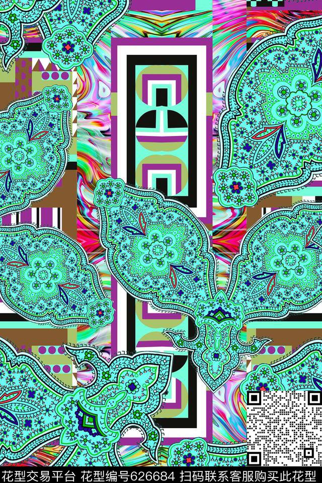 几何底纹腰果花数码印花华亿平台下载（图片编号: 626684） - 瓦栏（Walan）