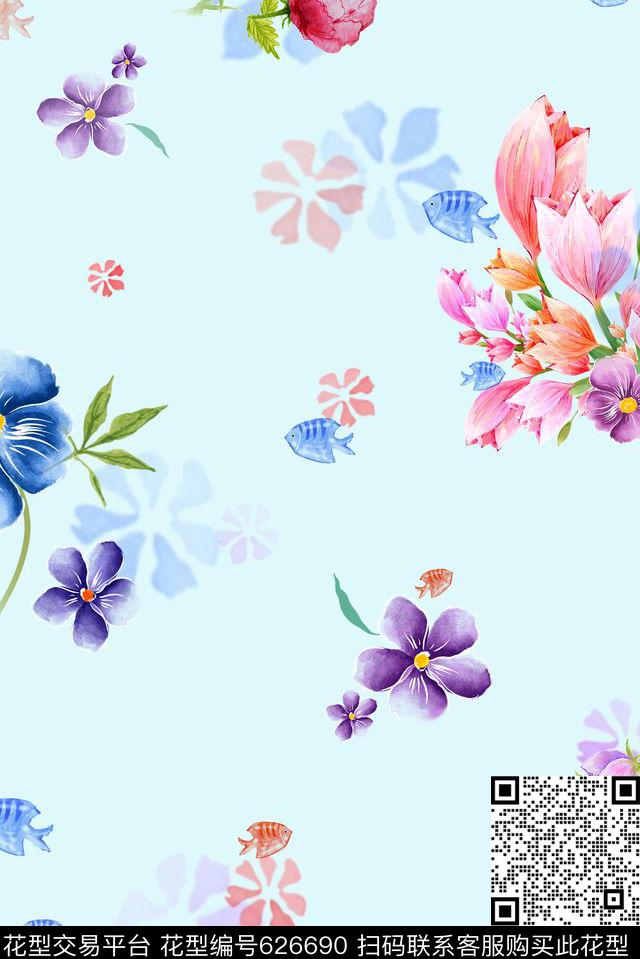 兰花花卉清新数码印花华亿平台下载（图片编号: 626690） - 瓦栏（Walan）