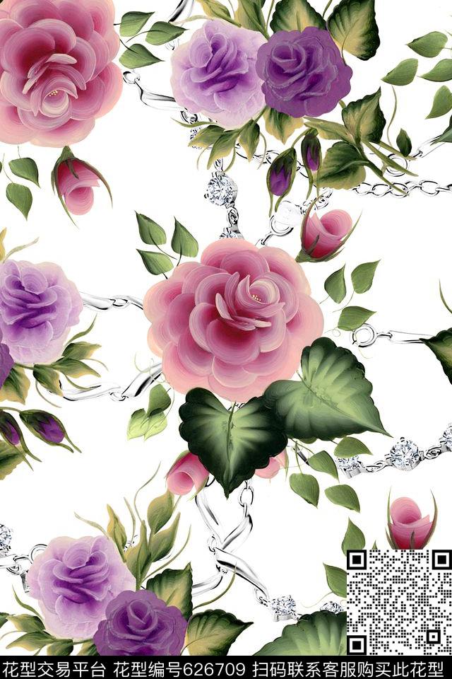 水彩花卉玫瑰数码印花华亿平台下载（图片编号: 626709） - 瓦栏（Walan）