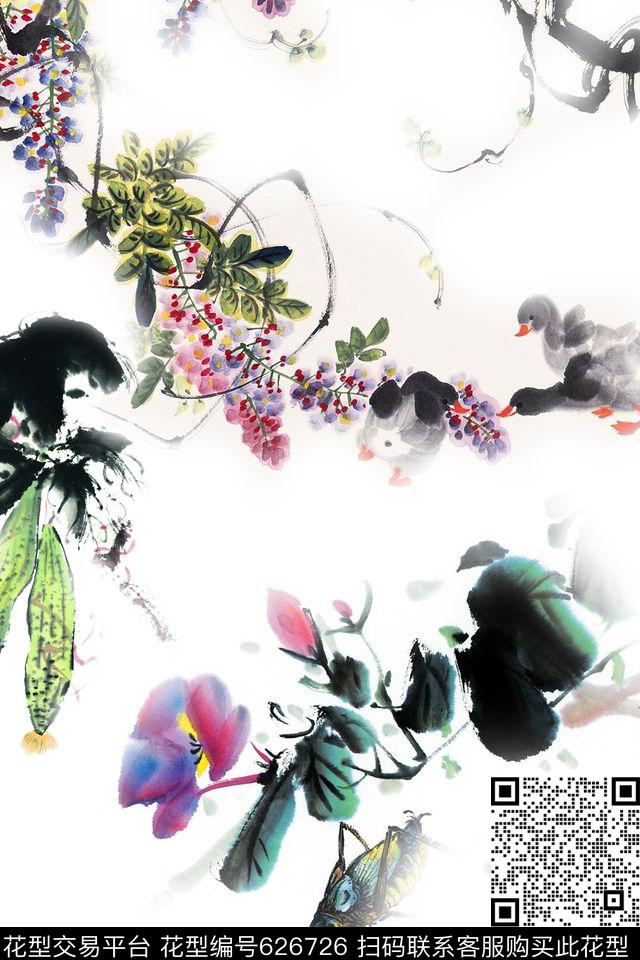 水墨国画花卉数码印花华亿平台下载（图片编号: 626726） - 瓦栏（Walan）