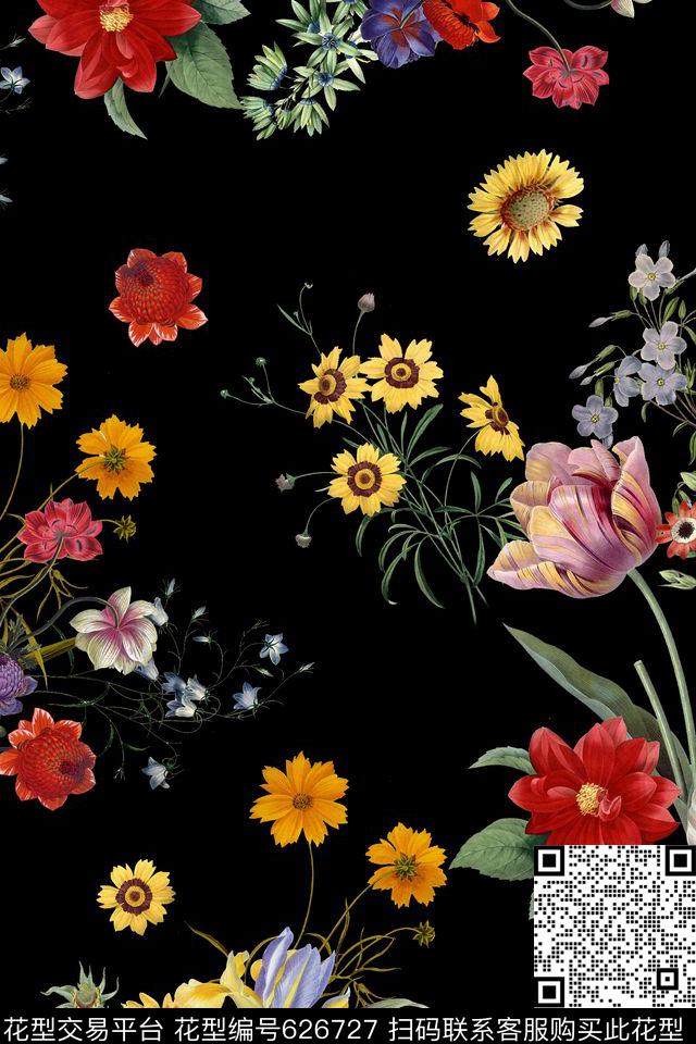 黑底花卉组合数码印花华亿平台下载（图片编号: 626727） - 瓦栏（Walan）