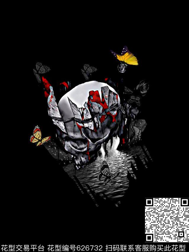 骷髅头蝴蝶男装T恤数码印花华亿平台下载（图片编号: 626732） - 瓦栏（Walan）