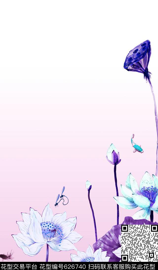 荷花花卉清雅数码印花华亿平台下载（图片编号: 626740） - 瓦栏（Walan）
