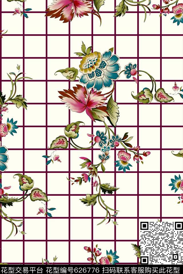 抽象手绘满版花卉最新高清数码格子时尚潮流大牌复古欧美风女装裙数码印花华亿平台下载（图片编号: 626776） - 瓦栏（Walan）