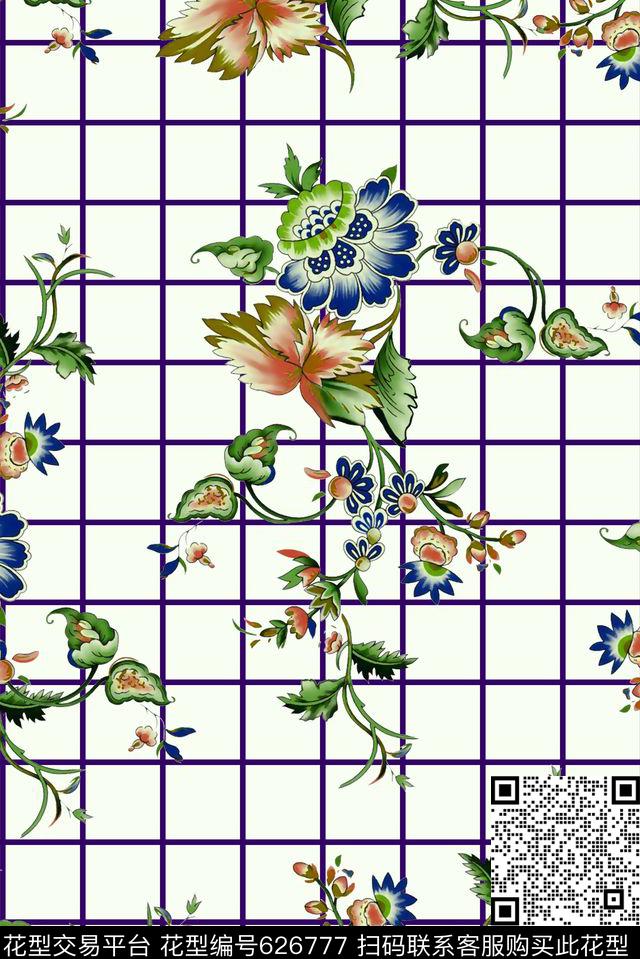 抽象手绘满版花卉最新高清数码格子时尚潮流大牌复古欧美风女装裙数码印花华亿平台下载（图片编号: 626777） - 瓦栏（Walan）
