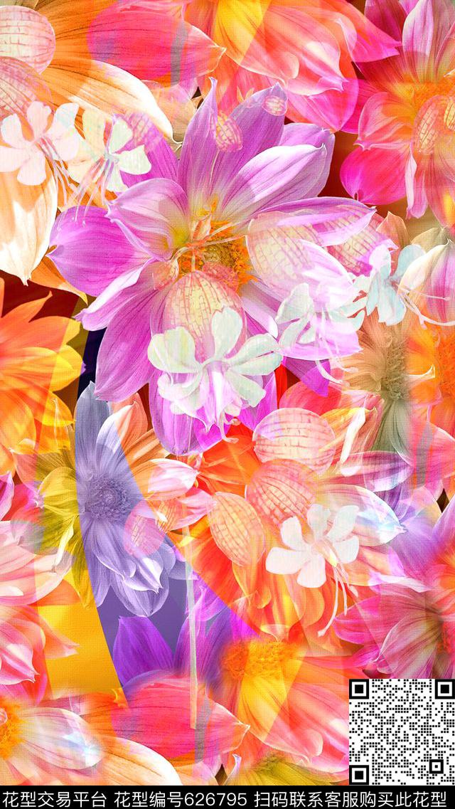 时尚抽象手绘花卉数码印花时尚潮流艳丽抽象几何叠加花卉清爽靓丽渐变花卉数码印花华亿平台下载（图片编号: 626795） - 瓦栏（Walan）
