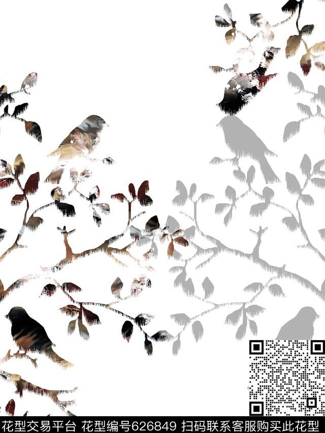 树枝鸟男装T恤数码印花华亿平台下载（图片编号: 626849） - 瓦栏（Walan）