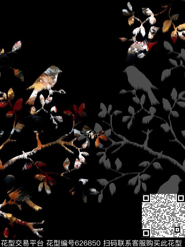 树枝鸟男装T恤数码印花华亿平台下载（图片编号: 626850） - 瓦栏（Walan）