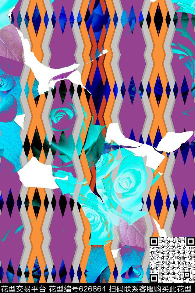 几何条形手绘数码印花华亿平台下载（图片编号: 626864） - 瓦栏（Walan）