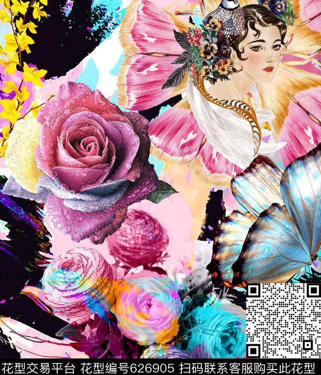 幻彩抽象人物蝴蝶玫瑰花朵数码印花华亿平台下载（图片编号: 626905） - 瓦栏（Walan）